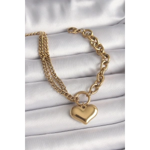 Mey İthalat® 316L Çelik Gold Renk 2Li Zincir Model Kalp Figür Kadın Bileklik