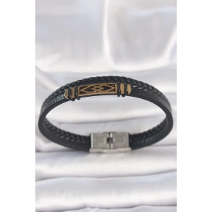 BFS 316L Çelik Gold Renk Aksesuarlı Çift Sıra Siyah Burgu Desenli Deri Kordon Erkek Bileklik