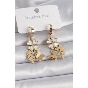 BFS 316L Çelik Gold Renk Beyaz Sedefli Yonca Simli Kelebek Figür Kadın Küpe