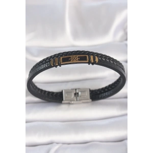 BFS 316L Çelik Gold Renk Gemi Dümeni Aksesuarlı Çift Sıra Burgu Desenli Deri Kordon Erkek Bileklik