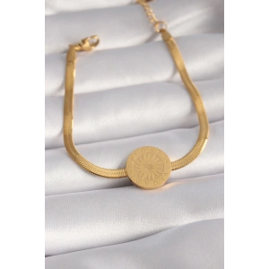 Mey İthalat® 316L Çelik Gold Renk İtalyan Zincir Model İşlemeli Madalyon Figür Kadın Bileklik