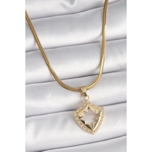 BFS 316L Çelik Gold Renk İtalyan Zincir Zirkon Taşlı Kutup Yıldız İşleme Kadın Kolye