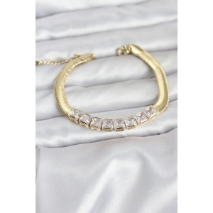 BFS 316L Çelik Gold Renk Kare Zirkon Taşlı Yılan Zincirli Kadın Bileklik