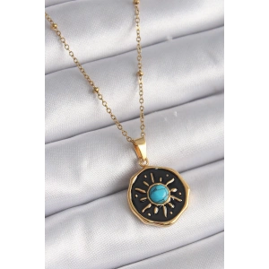 BFS 316L Çelik Gold Renk Mavi Boncuk Güneş İşleme Madalyon Model Kadın Kolye