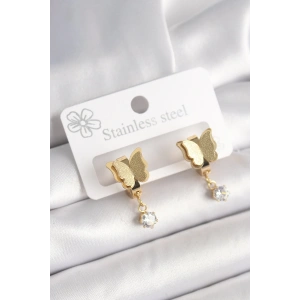 BFS 316L Çelik Gold Renk Sallantı Zirkon Taş Detaylı Simli Kelebek Model Kadın Küpe