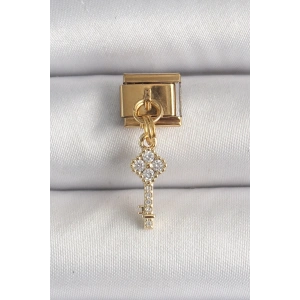 Mey İthalat® 316L Çelik Gold Renk Sallantı Zirkon Taşlı Anahtar Model Nomination Charm