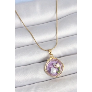 BFS 316L Çelik Gold Renk Zincir Mor Mineli İncili Çiçek İşlemeli Portre Model Kadın Kolye