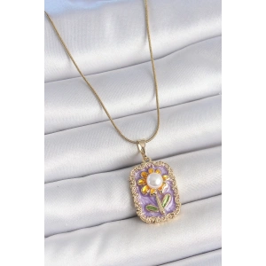BFS 316L Çelik Gold Renk Zincir Mor Mineli İncili Papatya İşlemeli Portre Model Kadın Kolye