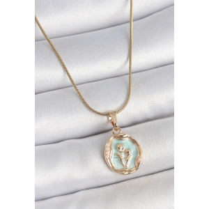BFS 316L Çelik Gold Renk Zincir Turkuaz Mineli Çiçek İşlemeli Portre Model Kadın Kolye
