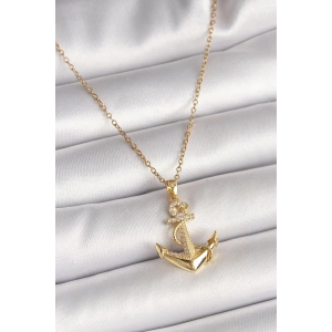 BFS 316L Çelik Gold Renk Zincir Zirkon Taş Detaylı Çapa Model Kadın Kolye