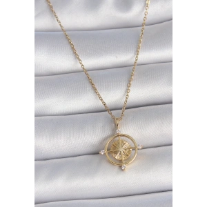 BFS 316L Çelik Gold Renk Zincir Zirkon Taşlı Pusula Model Kadın Kolye