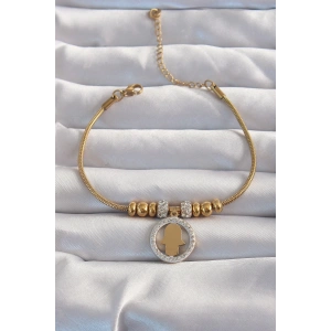 Mey İthalat® 316L Çelik Gold Renk Zirkon Taş Aksesuarlı Fatma Ana Eli Bileklik
