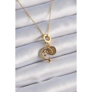 BFS 316L Çelik Gold Renk Zirkon Taşlı Ay Yıldız  Model Charm Model Kadın Kolye