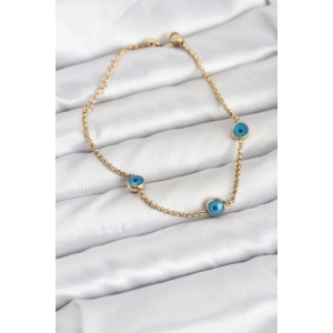 Mey İthalat® 316L Çelik Gold Renkli Nazar Boncuk Model Kadın Bileklik