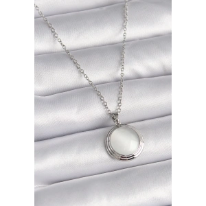 BFS 316L Çelik Gümüş Renk Beyaz Sedefli Daire Model Kadın Kolye