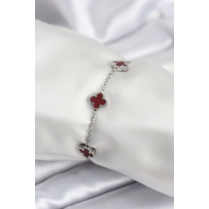 Mey İthalat® 316L Çelik Gümüş Renk Bordo Baby Boy Yonca Kadın Bileklik