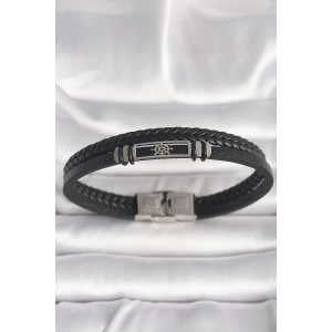 BFS 316L Çelik Gümüş Renk Gemi Dümeni Figür Siyah Burgu Deri Kordon Model Erkek Bileklik