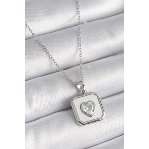 BFS 316L Çelik Gümüş Renk Kare Madalyon Kalp Zirkon Taş İşleme Kadın Kolye