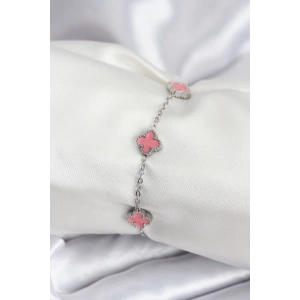 Mey İthalat® 316L Çelik Gümüş Renk Pembe Baby Boy Yonca Kadın Bileklik