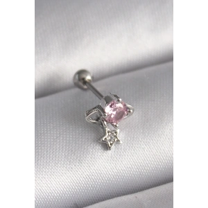 BFS 316L Çelik Gümüş Renk Pembe Zirkon Taşlı Sallantı Yıldız Detay Tragus Piercing