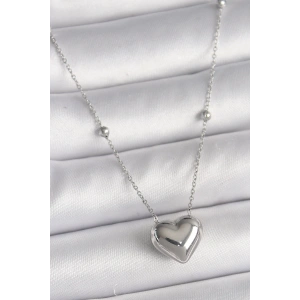 BFS 316L Çelik Gümüş Renk Topçuk Detay Zincir Kalp Model Kadın Kolye