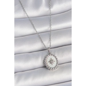 BFS 316L Çelik Gümüş Renk Zincir Beyaz Mineli Kutup Yıldız İşlemeli Madalyon Model Kadın Kolye