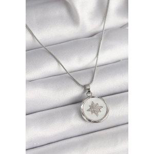BFS 316L Çelik Gümüş Renk Zincir Beyaz Sedefli Zirkon Taşlı Yıldız İşleme Model Kadın Kolye
