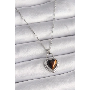 BFS 316L Çelik Gümüş Renk Zincir Kilit Kalp Kehribar Boncuk Model Kadın Kolye