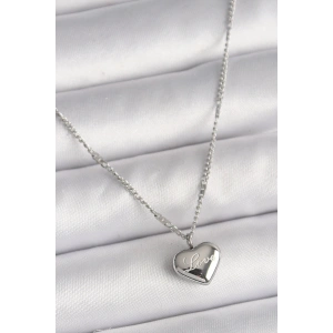 BFS 316L Çelik Gümüş Renk Zincir Love İşleme Kalp Figür Kadın Kolye