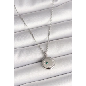 BFS 316L Çelik Gümüş Renk Zincir Madalyon Zirkon Taşlı İşlemeli Hilal Yıldız Model Kadın Kolye