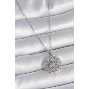 BFS 316L Çelik Gümüş Renk Zincir Mavi Taşlı Lotus Model Kadın Kolye