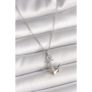 BFS 316L Çelik Gümüş Renk Zincir Zirkon Taş Detaylı Çapa Model Kadın Kolye