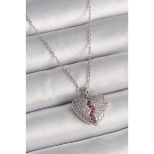 BFS 316L Çelik Gümüş Renk Zincir Zirkon Taşlı Kalp Model Kadın Kolye