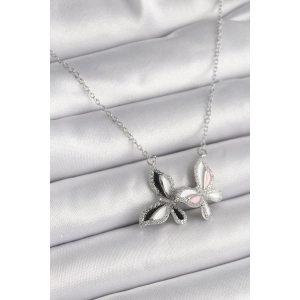 BFS 316L Çelik Gümüş Renk Zincir Zirkon Taşlı Renkli Kelebek Model Kadın Kolye