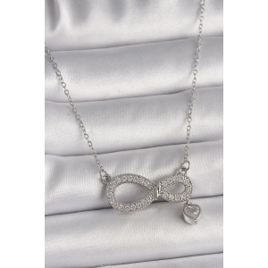 BFS 316L Çelik Gümüş Renk Zincir Zirkon Taşlı Sonsuzluk Model Taşlı Kalp Detay Kadın Kolye