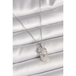 BFS 316L Çelik Gümüş Renk Zincir Zirkon Taşlı Yonca Model Kadın Kolye