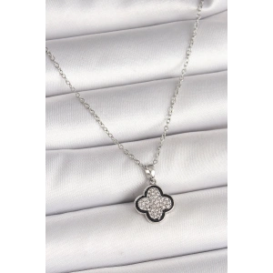 BFS 316L Çelik Gümüş Renk Zincir Zirkon Taşlı Yonca Model Kadın Kolye
