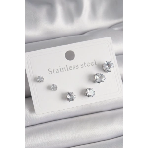 BFS 316L Çelik Gümüş Renk Zirkon Taşlı Kalp Model Kadın Küpe Seti