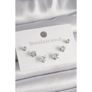 BFS 316L Çelik Gümüş Renk Zirkon Taşlı Yıldız Model Kadın Küpe Seti