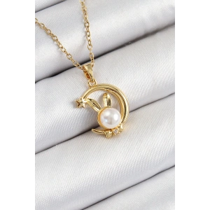 BFS 316L Çelik İnci Detaylı Hilal Tavşan Model Gold Renk Kadın Kolye