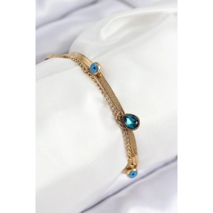 Mey İthalat® 316L Çelik Nazar Boncuk Detaylı Mavi Zirkon Taşlı Model İtalyan Zincir Gold Renk Kadın Bileklik