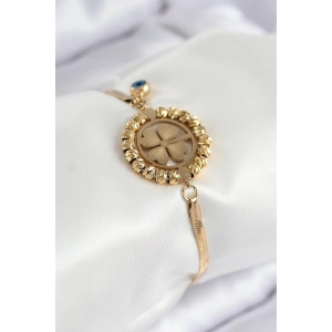 Mey İthalat® 316L Çelik Nazar Boncuk Detaylı Yonca Model İtalyan Zincir Gold Renk Kadın Bileklik