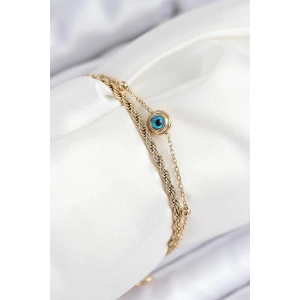 Mey İthalat® 316L Çelik Nazar Boncuk Model Burgu Zincir Gold Renk Kadın Bileklik