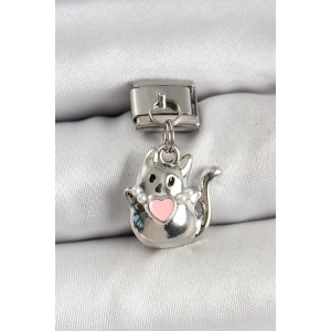 BFS 316L Çelik Sallantılı Kalp Detaylı Kedi Model Gümüş Renk Nomination Charm