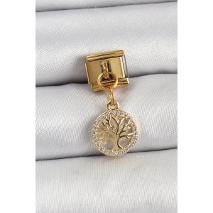 BFS 316L Çelik Sallantılı Zirkon Taşlı Hayat Ağacı Model Gold Renk Nomination Charm