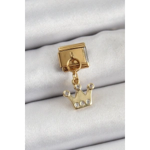 BFS 316L Çelik Sallantılı Zirkon Taşlı Kraliçe Tacı Model Gold Renk Nomination Charm