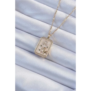 BFS 316L Çelik Zincir Altın Renk Zirkon Taşlı Aslan Figürlü Tarot Kolye