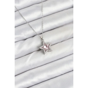 BFS 316L Çelik Zincir Gümüş Renk Pembe Taşlı Yıldız Model Kadın Kolye