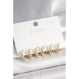 BFS 925 Ayar Gümüş Çivi Pirinç Gold Renk İşlemeli Halka Model Kadın Küpe Seti