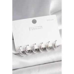 BFS 925 Ayar Gümüş Çivi Pirinç Gümüş Renk İşlemeli Halka Model Kadın Küpe Seti